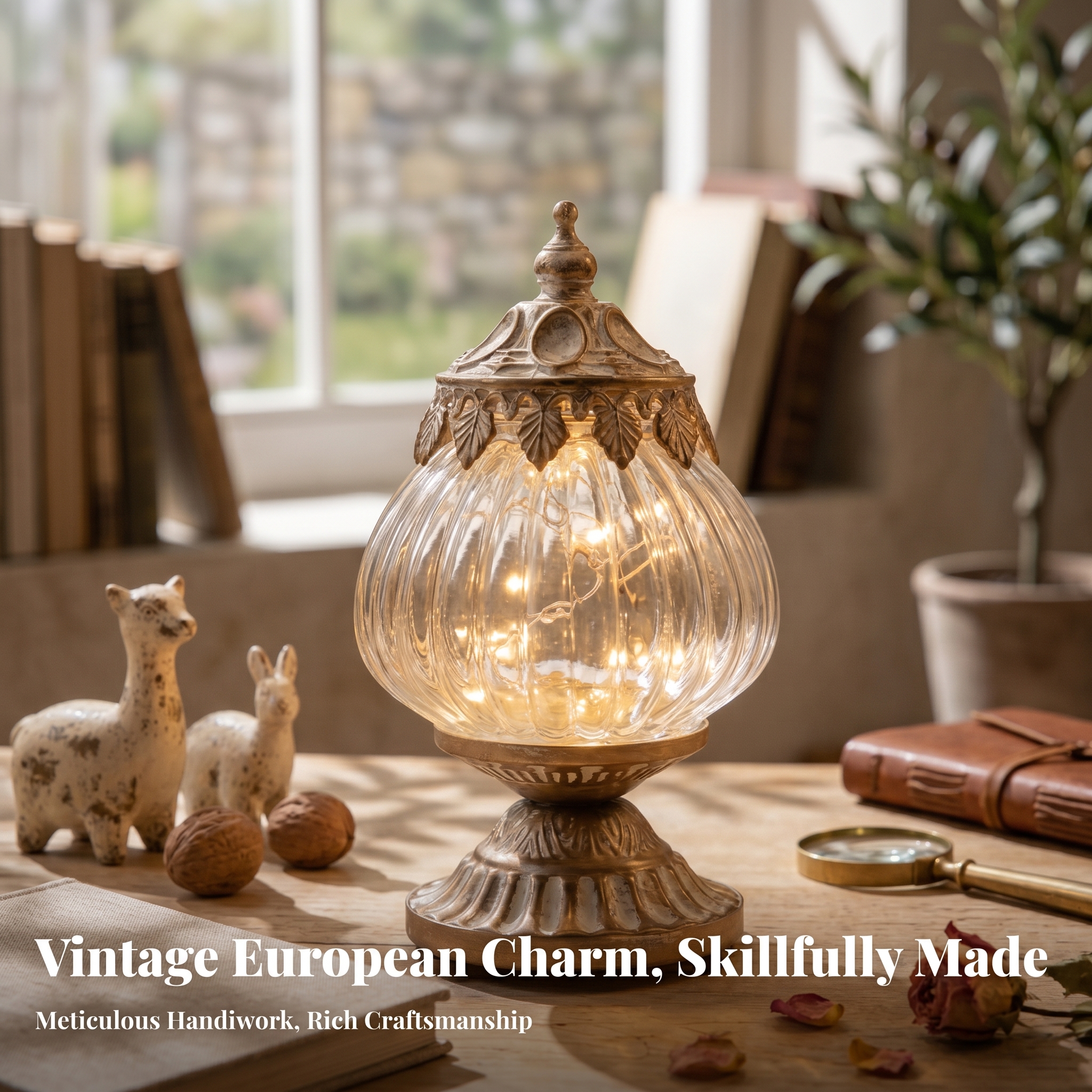 Lighting Table Decor - Vintage Ribbed Glass Lantern Ornately Detailed
